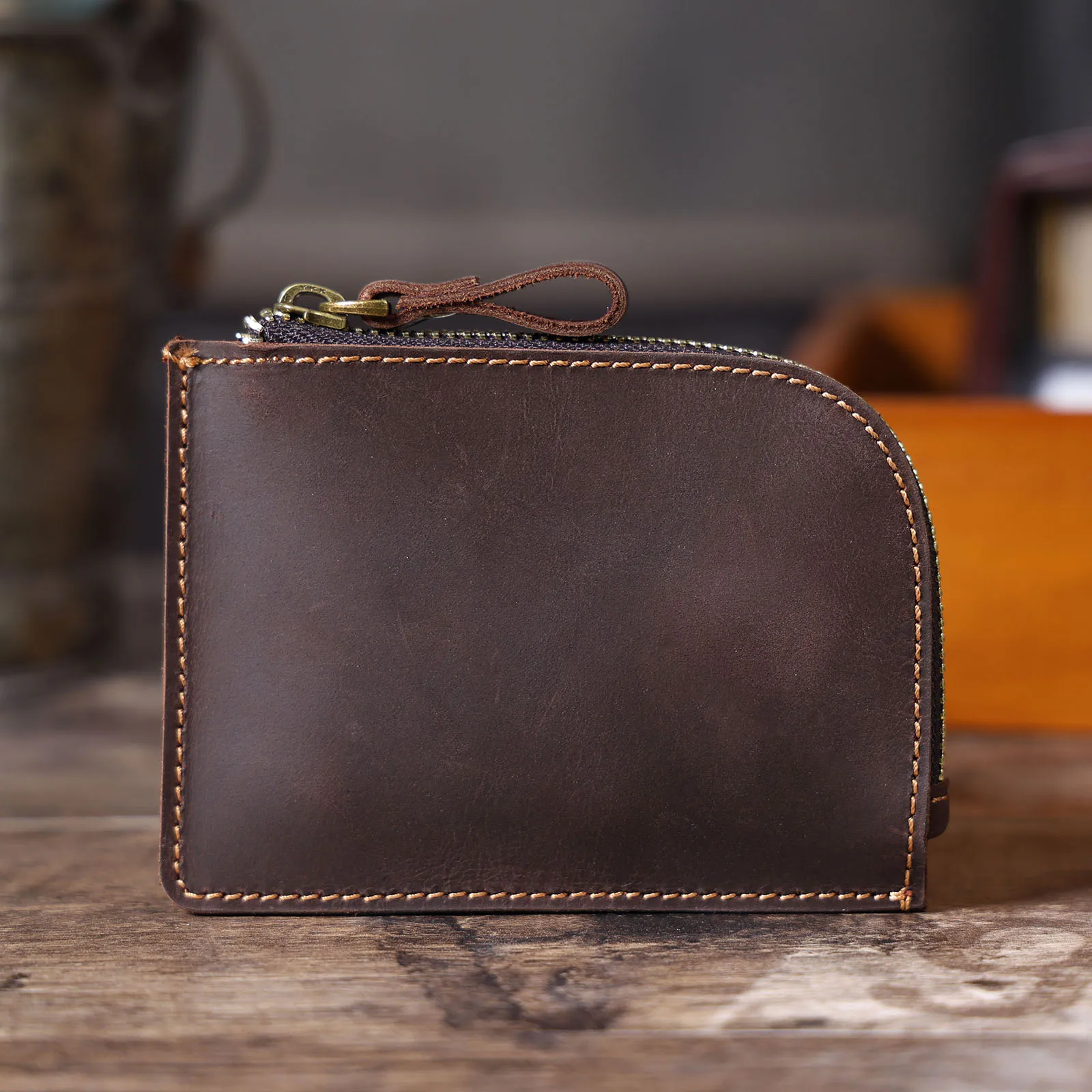 Echtes Leder Kartenhalter Einfache Mini-Geldbörse Mit YKK-Reißverschluss Crzay House Leder Perfekt zum Tragen von Münzen, Karten, Schlüsseln – Detail 2