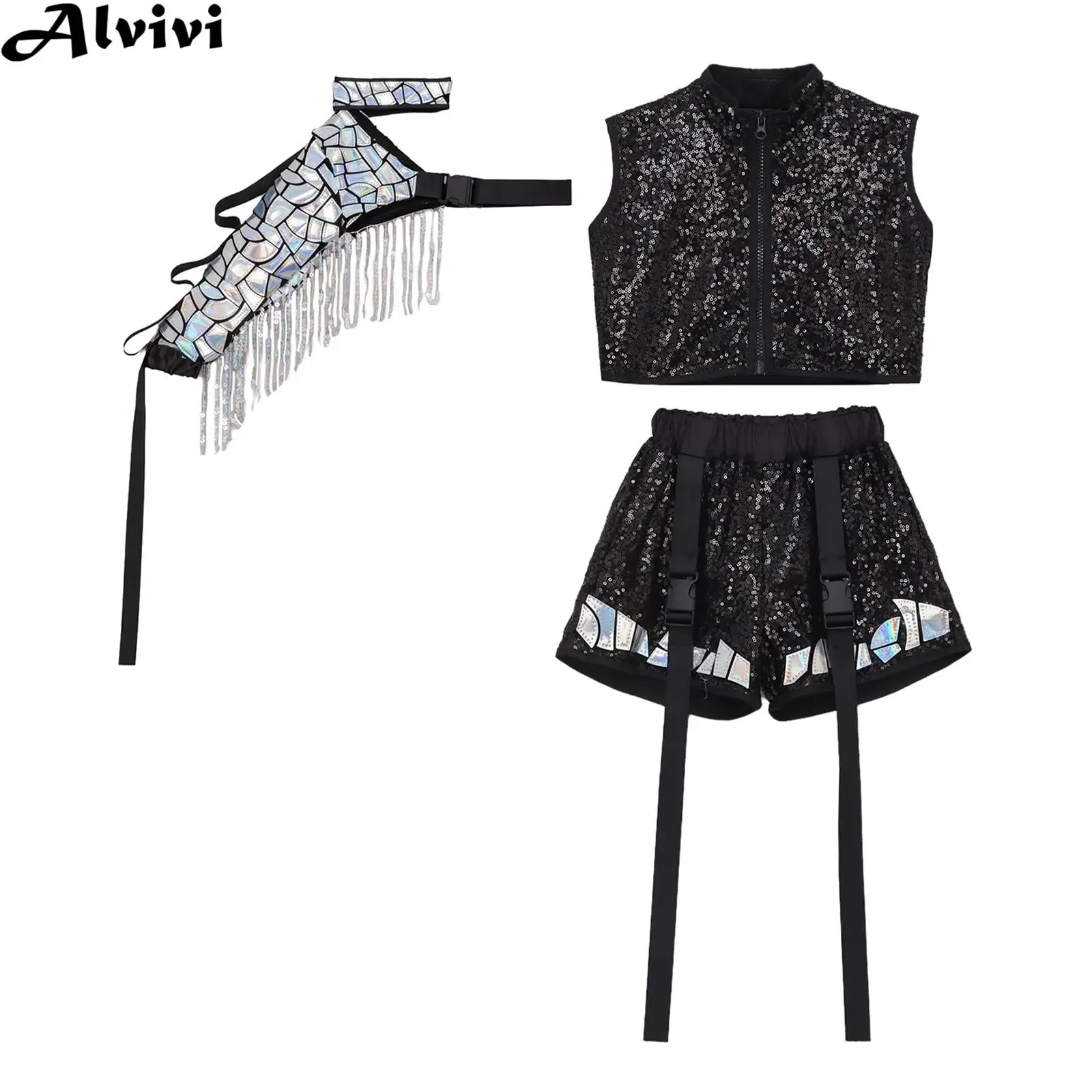 

Children Hip Hop Jazz Street Dance Performance Costume Shiny Sequin Catwalk Show Outfit Crop Top with Shorts Detachable Sleeve