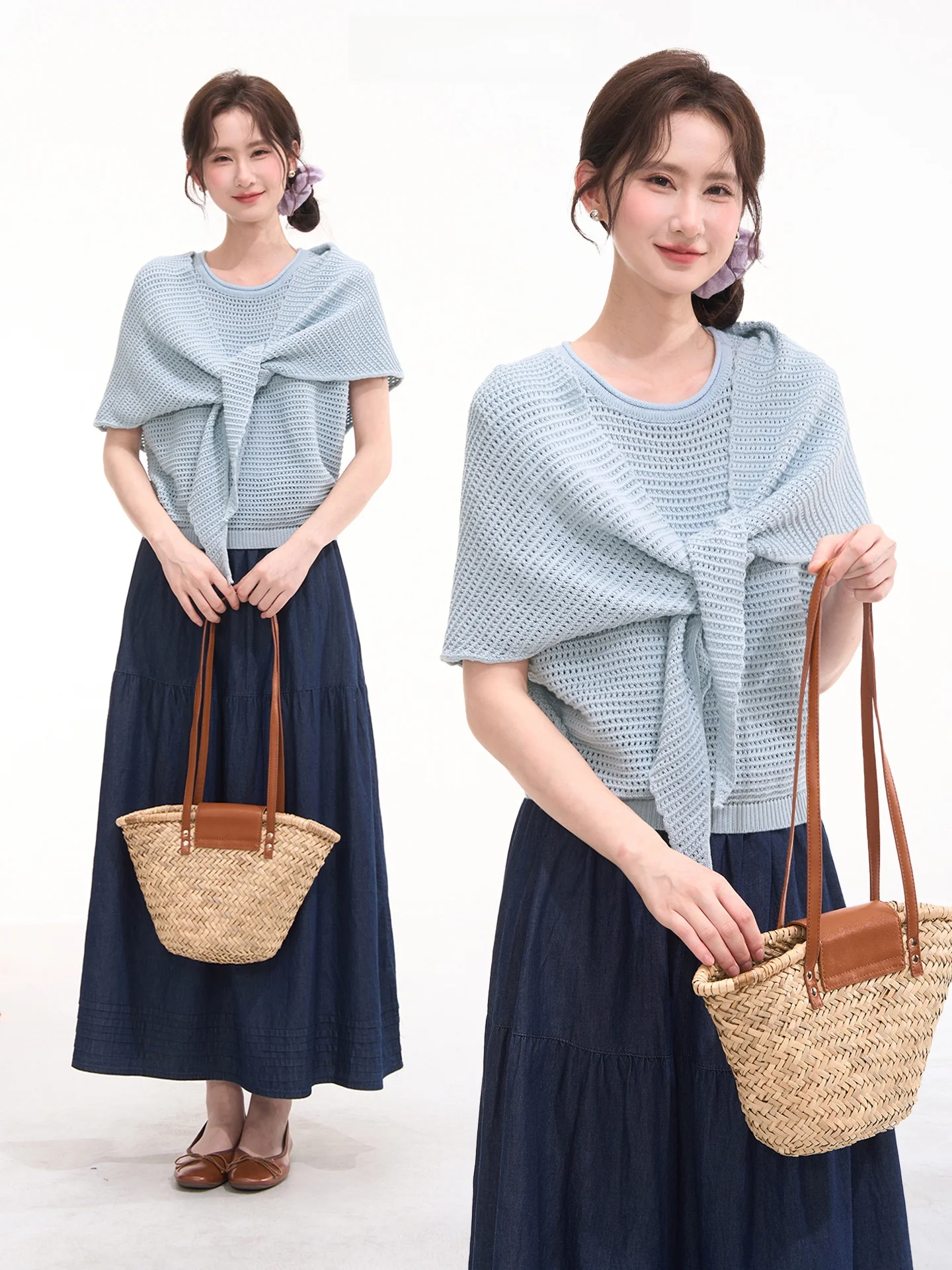 

Женский летний комплект из двух предметов: вязаный топ с цветочным узором и вырезами на плечах, а также жилет. Повседневная одежда из хлопка, свободный крой, короткий рукав.