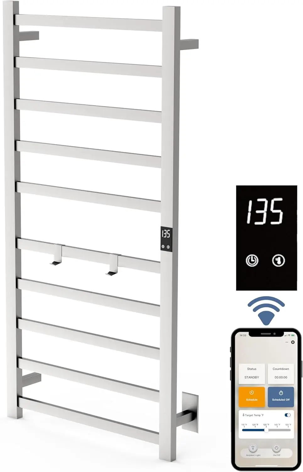 سخان المناشف الكهربائية اللاسلكية الذكية |   تصميم شفرة رفيعة 10 بار |   سلكي ومكونات إضافية |   متوافق مع Alexa وGoogle Home |   مصقول