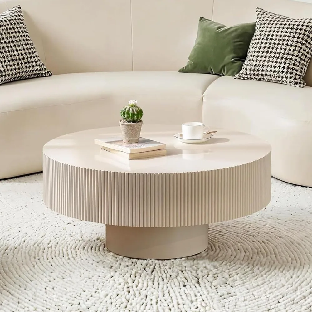 

Modern Wood Coffee Table - Handcraft Drum Coffee Tables with Sturdy Base, Easy Assembly, Contemporary Style Small Coffee Table