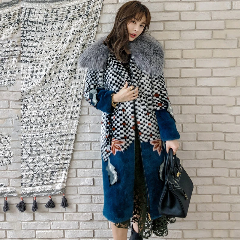 Ftangaiur Winter Import Velvet Mink Fur Coat With Fox Fur Collar Plaid Print Mink Coat Women Long Natural Real Mink Fur Coats