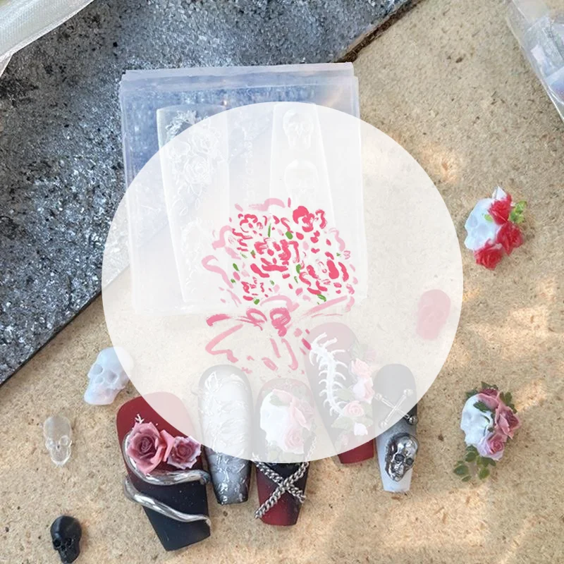 แม่พิมพ์ซิลิโคนใสลายดอกกุหลาบหัวกะโหลกสำหรับตกแต่งเล็บ 3 มิติ อุปกรณ์ทำเล็บ DIY
