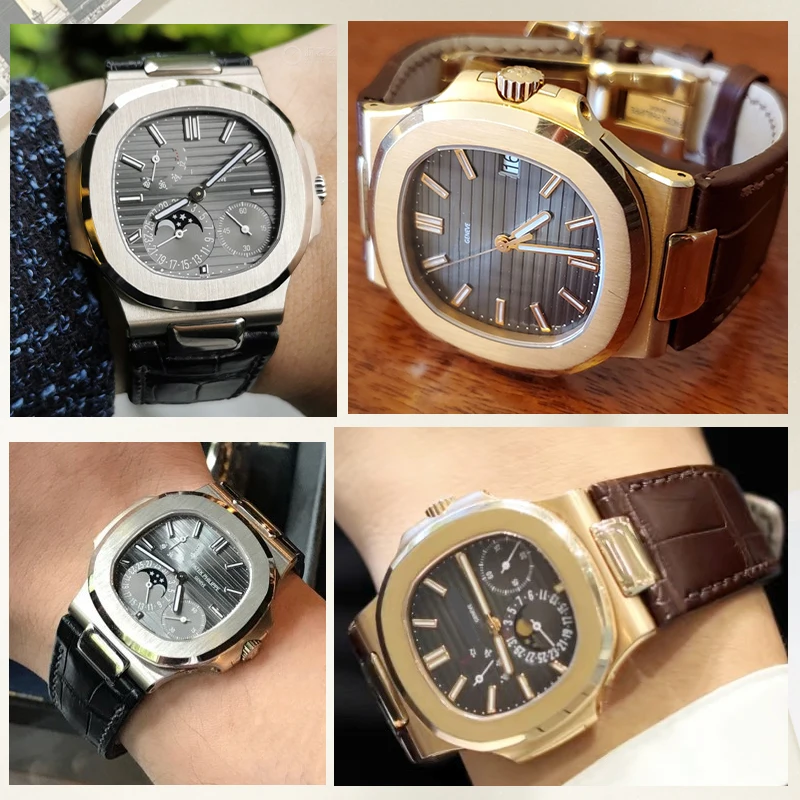 لسلسلة بات ك نوتيلوس 5711 5712 5980 5722 حزام ساعة جلدي سوار للرجال حزام ساعة محدب 25x13 مللي متر سوار معصم أسود #4