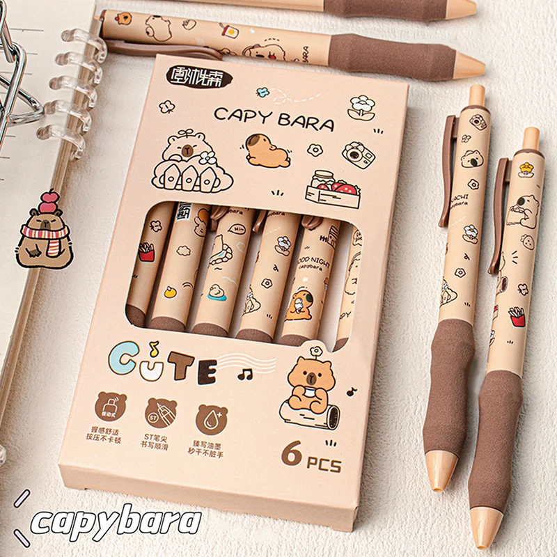 Pluma de Gel de dibujos animados Kawaii Capybara, bolígrafos neutros de secado rápido, escritura suave, suministros de oficina, regalos de papelería bonitos, 6 piezas