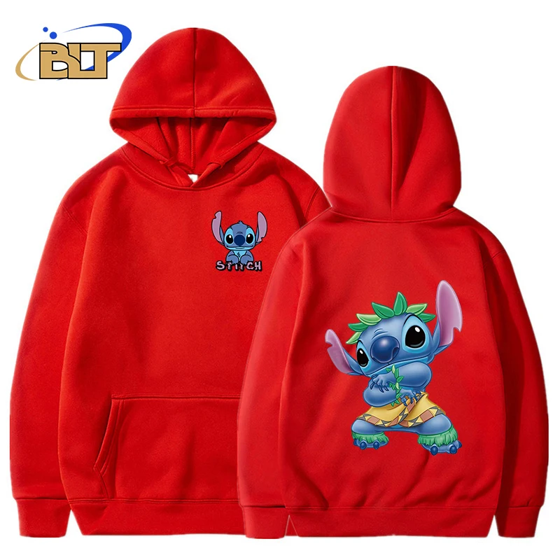 Stitch printed men's autumn and winter hoodie plus fleece sweatshirt red loose top