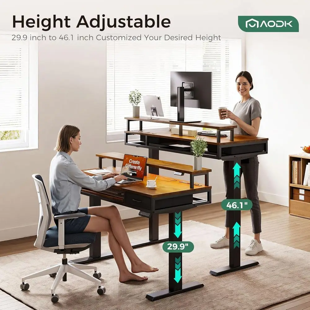 Adjustable 55-Inch Electric Standing Desk with Drawers, Keyboard Tray, Power Outlets, LED Lights, and Monitor Stand for Home and