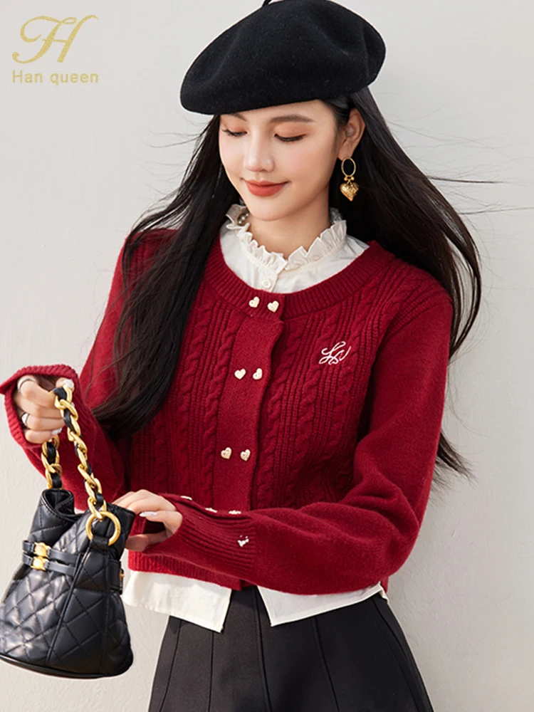 H Han Queen Korean Color Blocking Knitted Red Christmas Cardigan Sweater Women Casual Long Sleeve Autumn Vintage Sweaters Tops