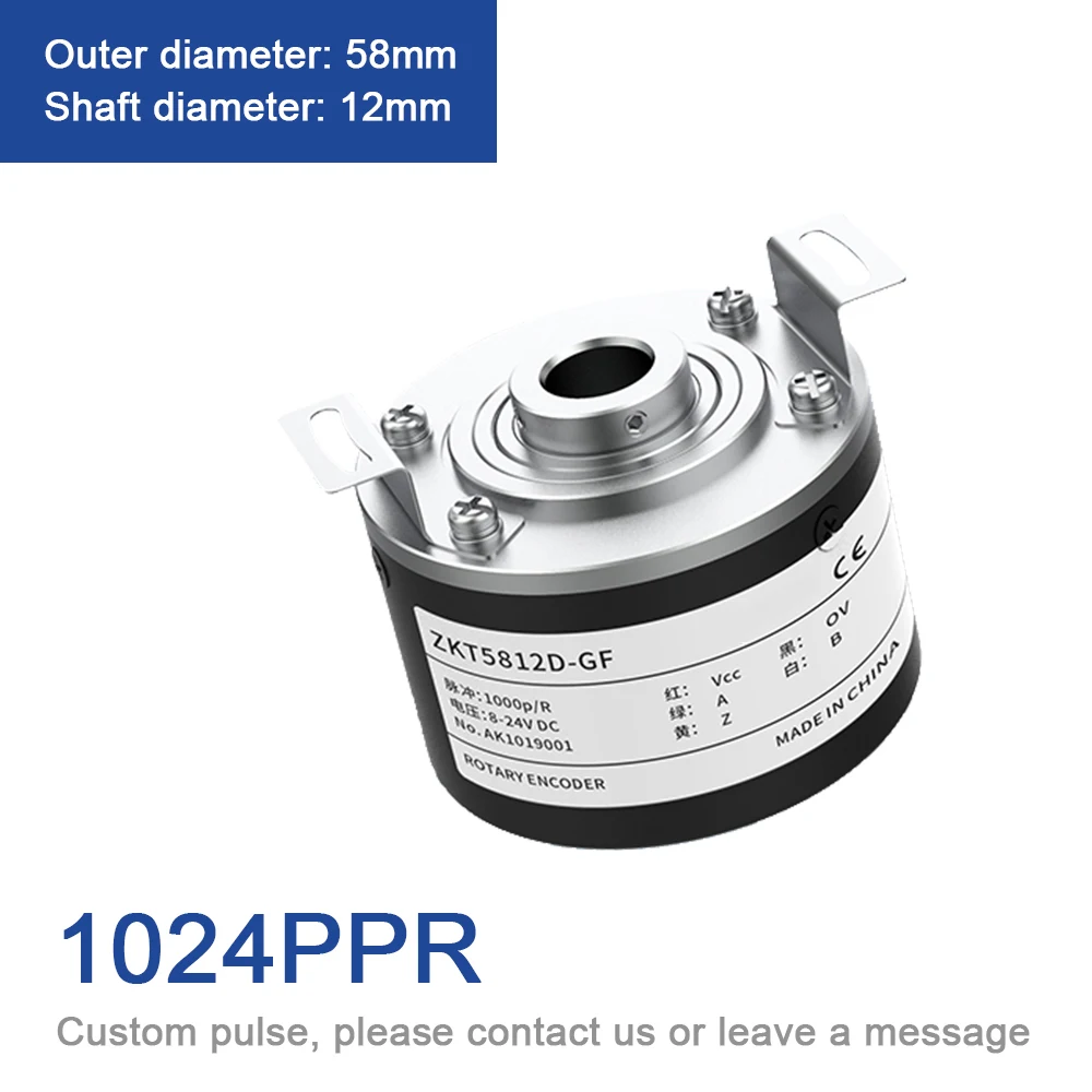 58mm Incremental Encoder 12mm Hollow Shaft Rotary Optical Switch NPN Open Collector 1000-2500-3600-5000 PPR 5-24VDC