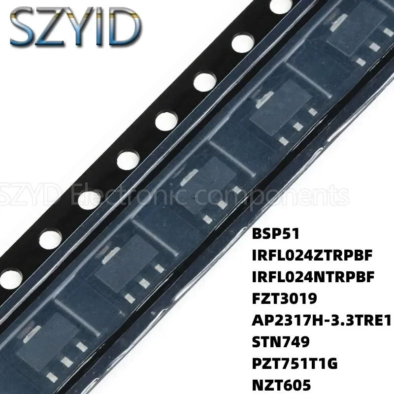 100PCS SOT223 BSP51 IRFL024ZTRPBF IRFL024NTRPBF FZT3019 AP2317H-3.3TRE1 STN749 PZT751T1G NZT605