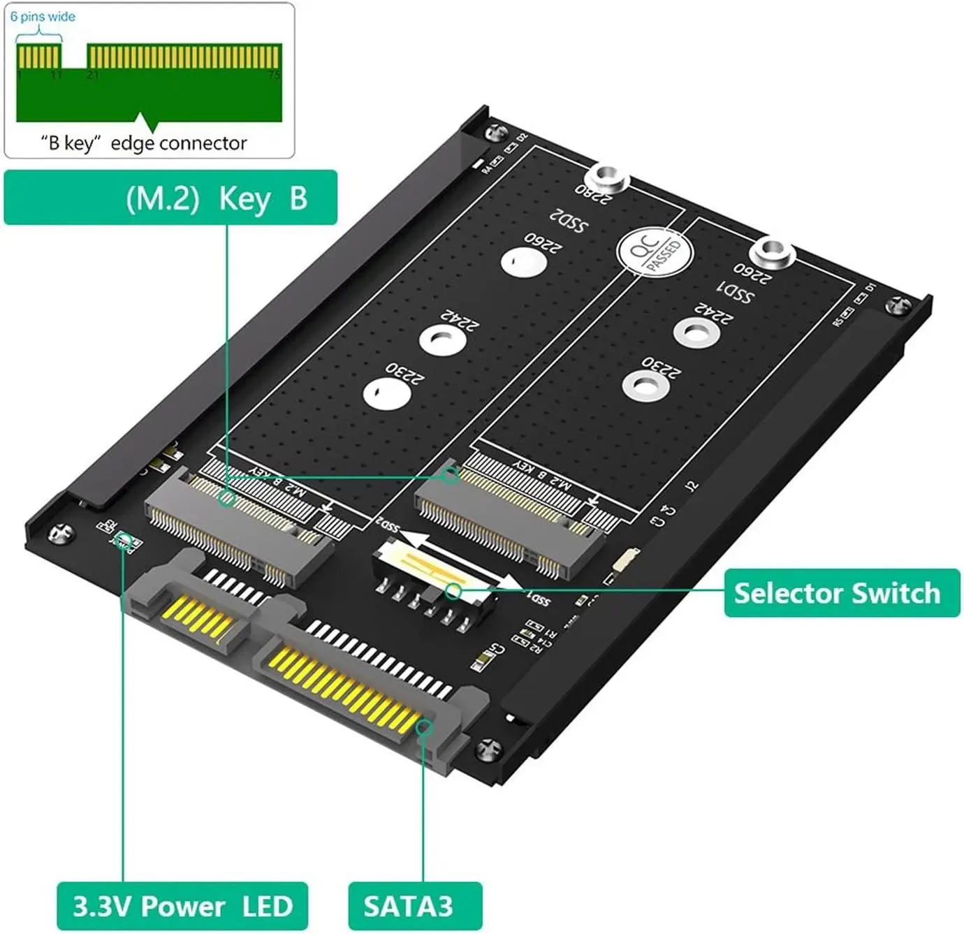 Dual M.2 SSD to 2.5inch Adapter 6Gbps, B M Key M.2 to 2.5 III Enclosure for 2230/2242/2260 with Frame Bracket,Transparent to OS