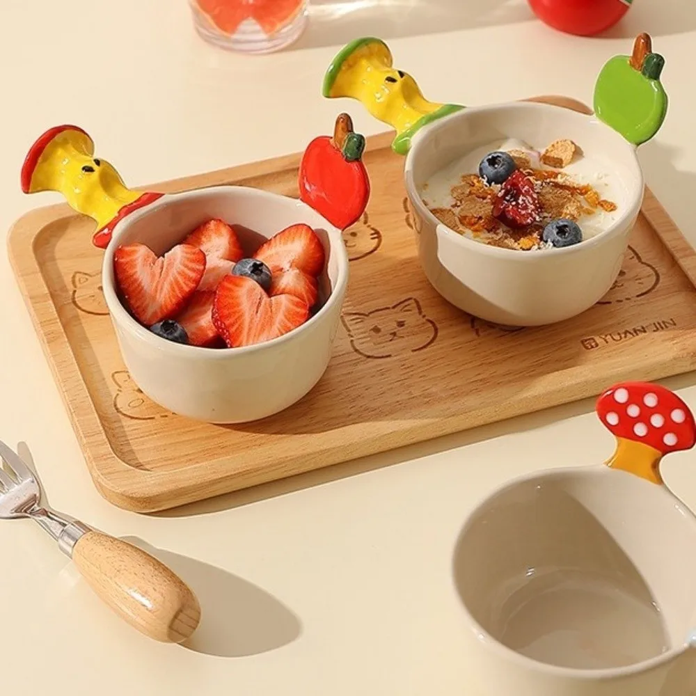 

Artistic Design Cute Ice Cream Bowl with Handle Cartoon Fruit Salad Bowl Underglaze Mushroom Decor Snack Bowl Afternoon Tea