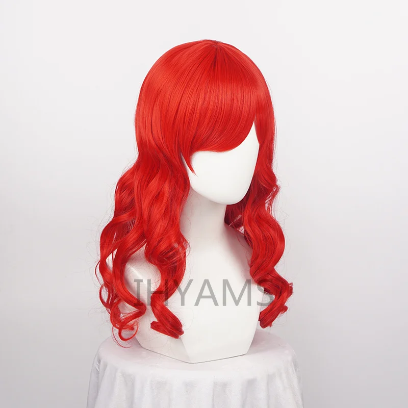 Peluca de Cosplay de princesa Ariel de la Sirenita de Anime de 65cm, peluca de juego de Halloween, pelo ondulado rojo sintético para fiesta y escenario + gorro de peluca