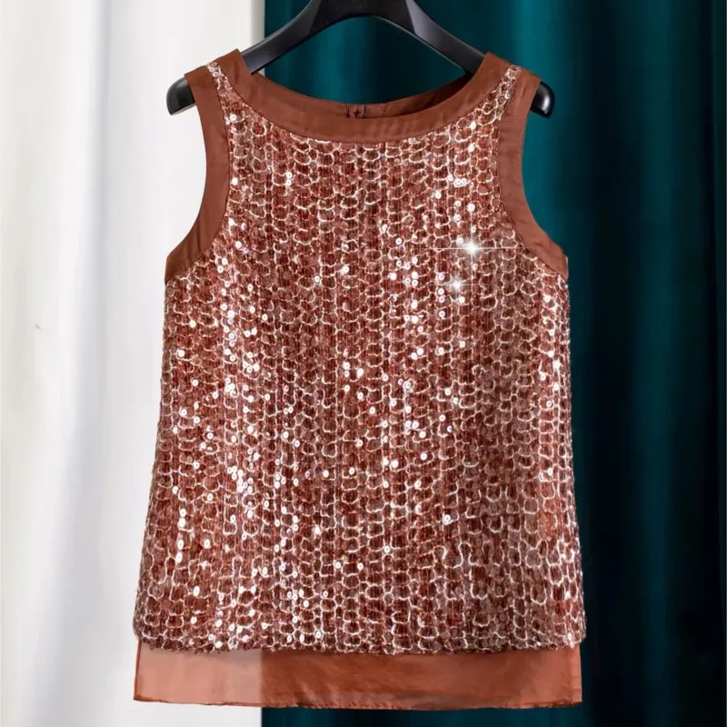 Women's Sequin Pullover Top with Organza Lining, 16-Momme Binding, Comfortable Relaxed Fit, Sleeveless Blouse for Daily Wear