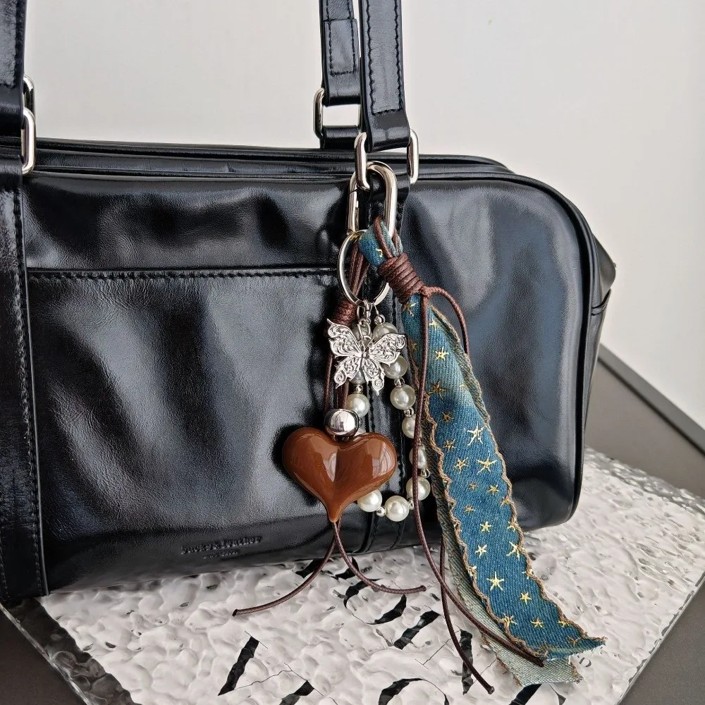 Y2K Style Pearl Bag Pendant Cowboy Ribbon DIY Keyring Anti-lost Key Chain Fashion Accessories