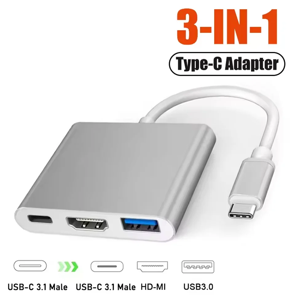 Hub USB C 3 em 1 Tipo C para HDMI USB3.0 Adaptador Multiportas de Alta Velocidade Cabo Conversor de Extensão para MacBook Laptop Desktop PC
