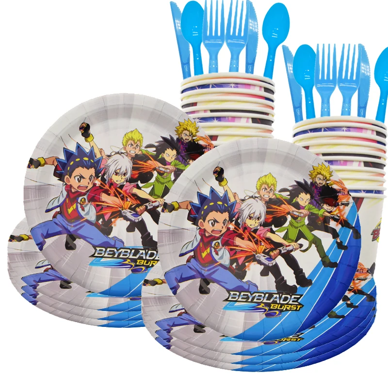 Beyblade Birthday Party Supplies Favor Plates Cups Straws Banner Cake Topper Balloons Cartoon Decorations for Boys and Girls