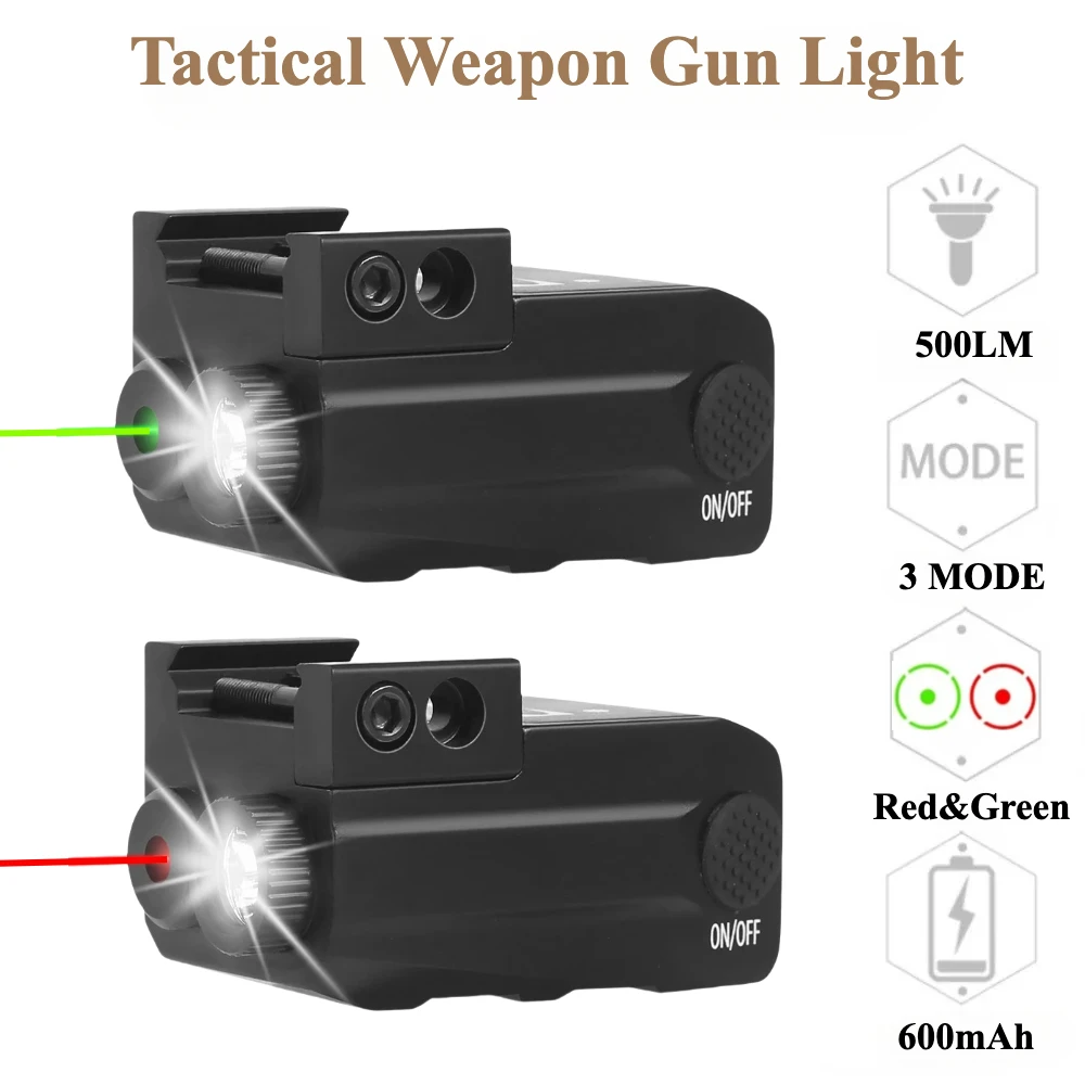 مسدس التكتيكية مصباح يدوي كومبو 500 لومينز LED الشعلة الأحمر/الأخضر الليزر البصر سلاح بندقية ضوء المدمج في البطارية صالح 20 مللي متر السكك الحديدية