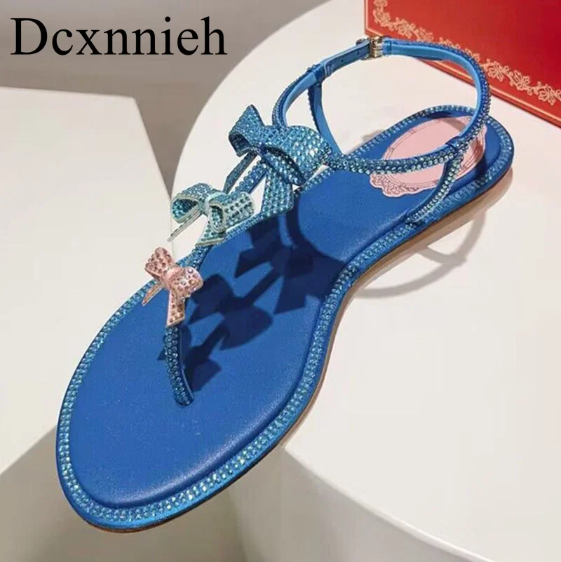 

Summer Crystal Bow-Knot Decoration Pinch Toe Sandals Women Genuine Leather Flat Bottom Gladiator Sandalias Party Dress Shoes