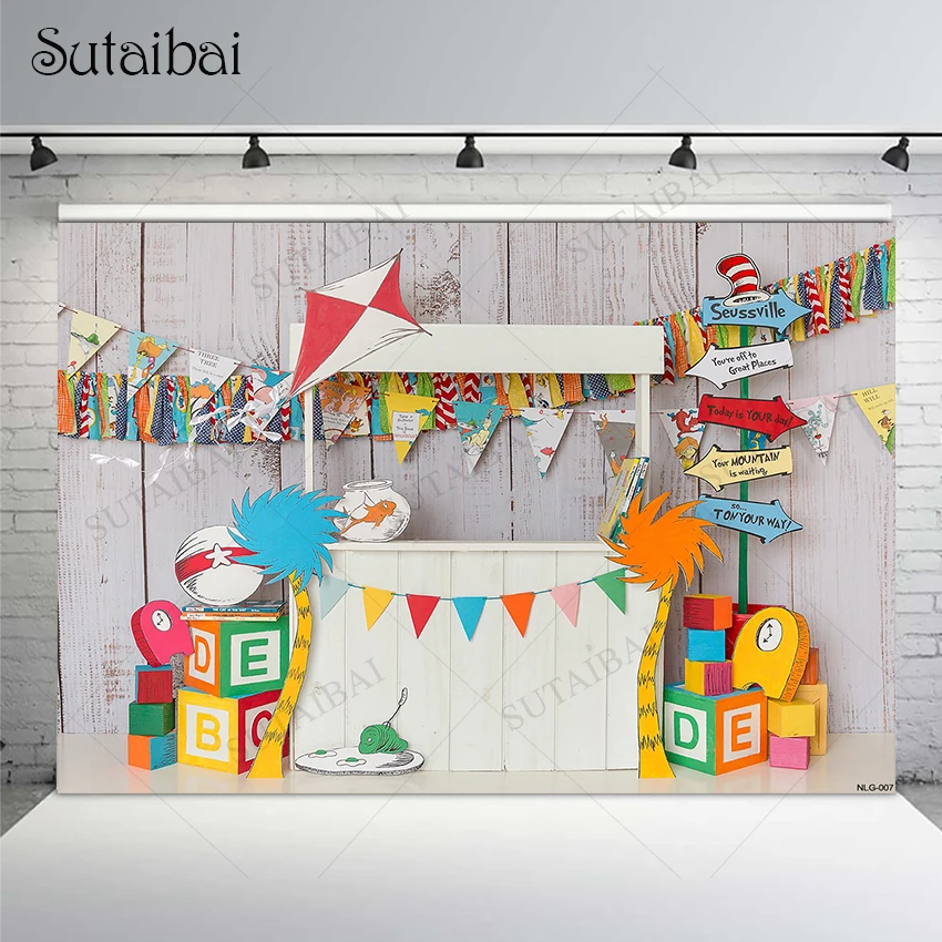 Shop Window Wood Board Theme Backgroud Hang Coloured Ribbon Flags Kite Deco Suppile Newborn Baby Cake Smash Child Portrait Photo