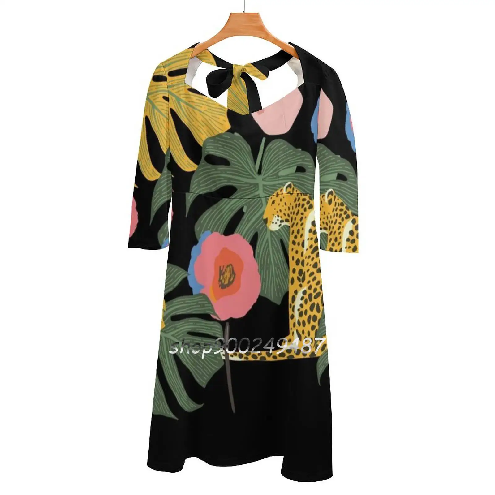 Floral Cheetah Square Neck Dress New Plus Size Elegant Women Waist Tight Dress Love Cute Fun Funny Happy Tiger Animal Tiger