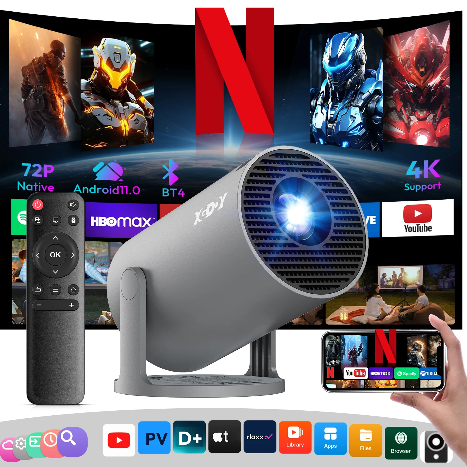 

XGODY проектор 4K 12000LM короткофокусные мини-портативные проекторы Android Beamer Native 720P Dual Wifi6 BT5.4 домашний кинотеатр
