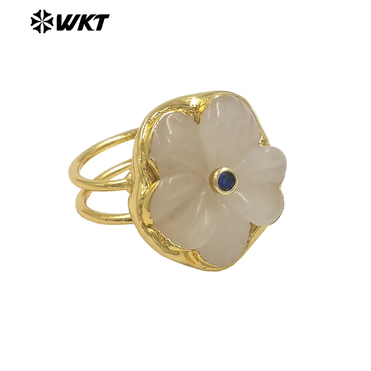 WT-R611 Exquisite Hot Sale Gold Plated Zircon And Natural Gemstones Carved Flower Shape Rings For Friends Birthday Jewelry Gift