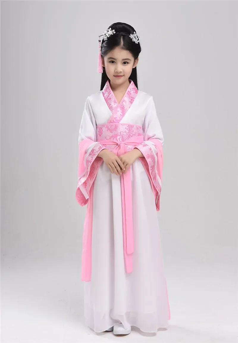 Disfraz de bata de seda China para niñas y niños, Kimono chino tradicional, Vintage, étnico, abanico, estudiantes, coro, baile, Hanfu