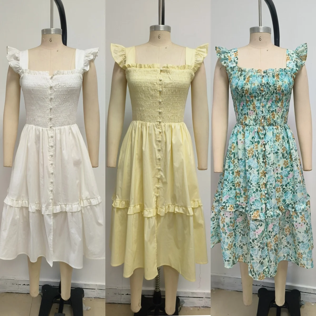 버튼 디테일이 있는 캐주얼 오프 숄더 옐로우 티어드 롱 드레스 – 여름 휴가 피크닉 비치 데이 여성용 드레스