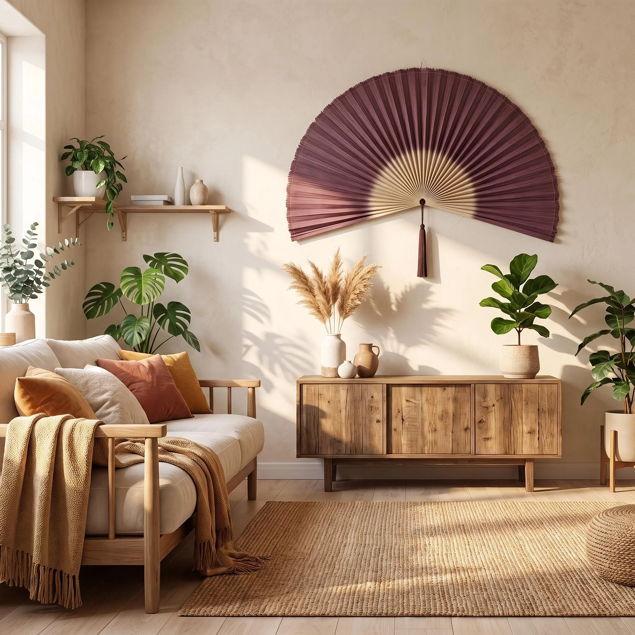 Hand-Woven Bamboo Fan Wall Decor, Bohemian Wall Hanging for Living Room