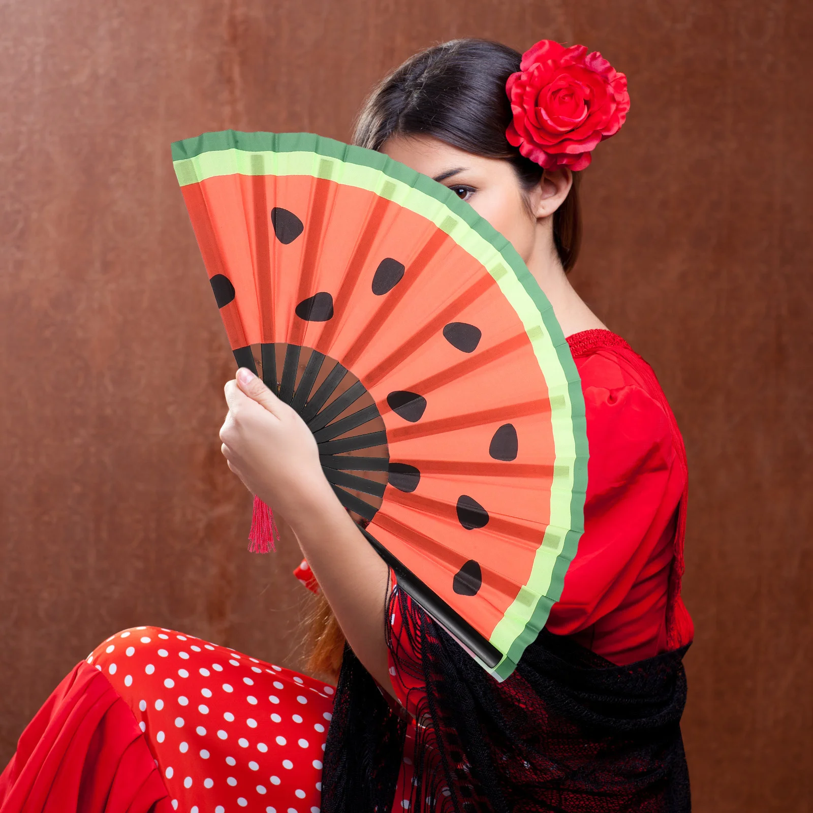 

Glowing Watermelon Folding Fan Japanese Style Portable Lightweight for Rave Party Stage Performance Decorative Uv Fans