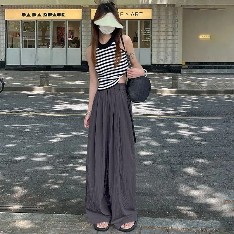 

Fashion Solid Color Folds Wide Leg Casual Pants Female Clothing 2024 Summer New Loose Elastic Korean High Waist Trousers