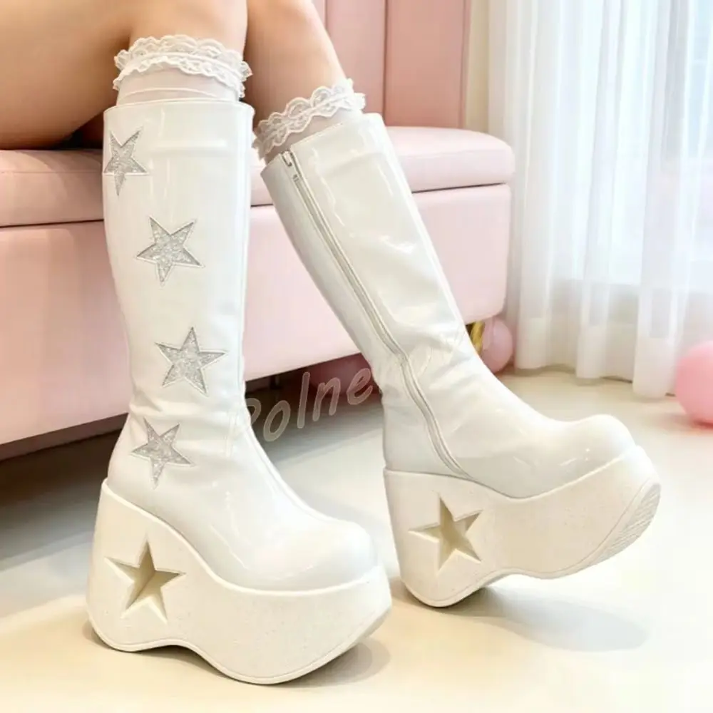 Y2K Bling Star Cutout Boots Platform Glitter Star Patent Leather Side Zip Platform Knee High Boots High Heel Party Women Shoes