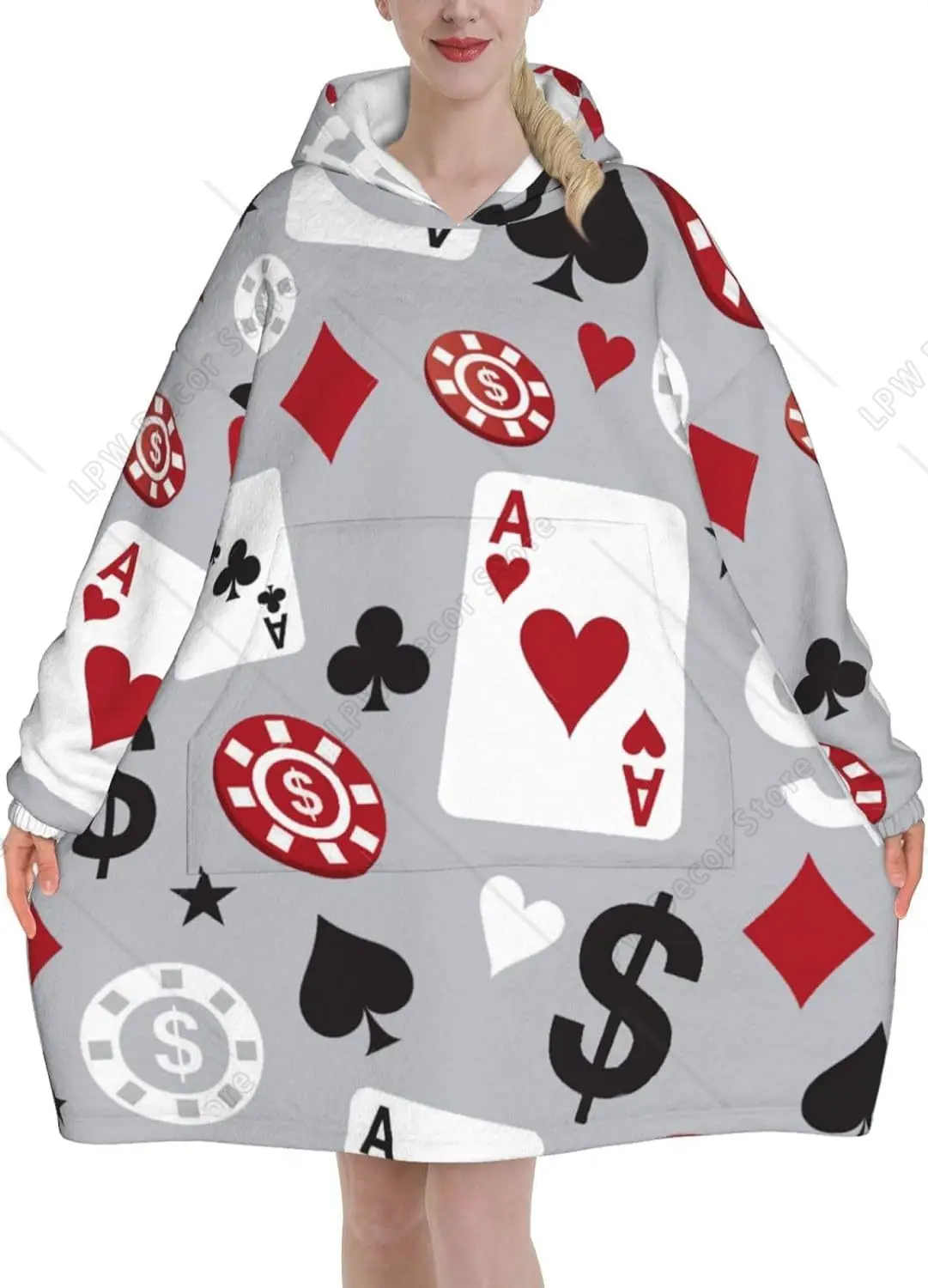 ポーカーカード-大人用フランネル着用可能ぬいぐるみブランケット-ポケット付き-超ソフトぬいぐるみ暖かいパーカー