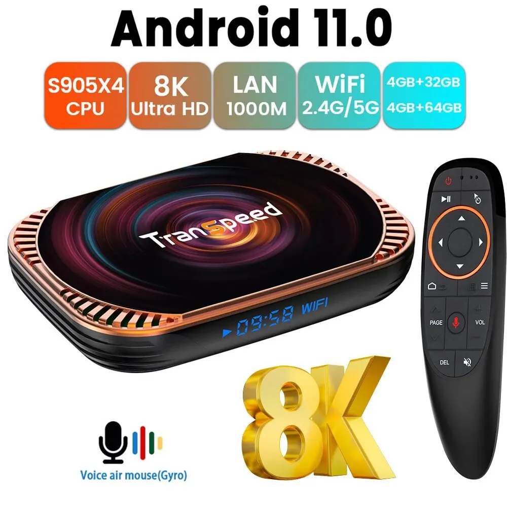 Transpeed Android 11 Amlogic S905X4 TV Box Dual WiFi 32G 64GB BT 4.0 4K 8K 3D 1000M Snelle TV Ontvanger Media Speler Set Top Box