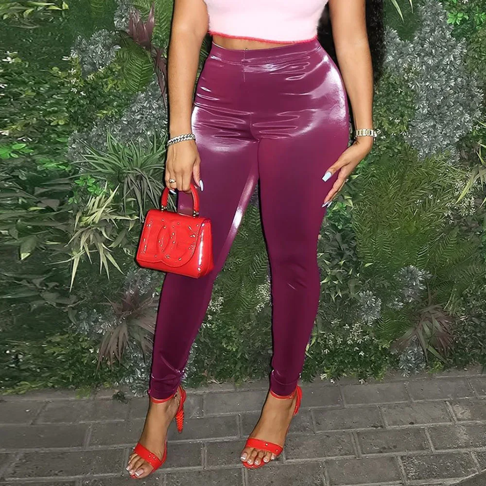 

Stretch Bodycon Faux Latex Leggings Women Sexy Exotic Slim Shiny Patent Leather Tousers Clubwear Custom