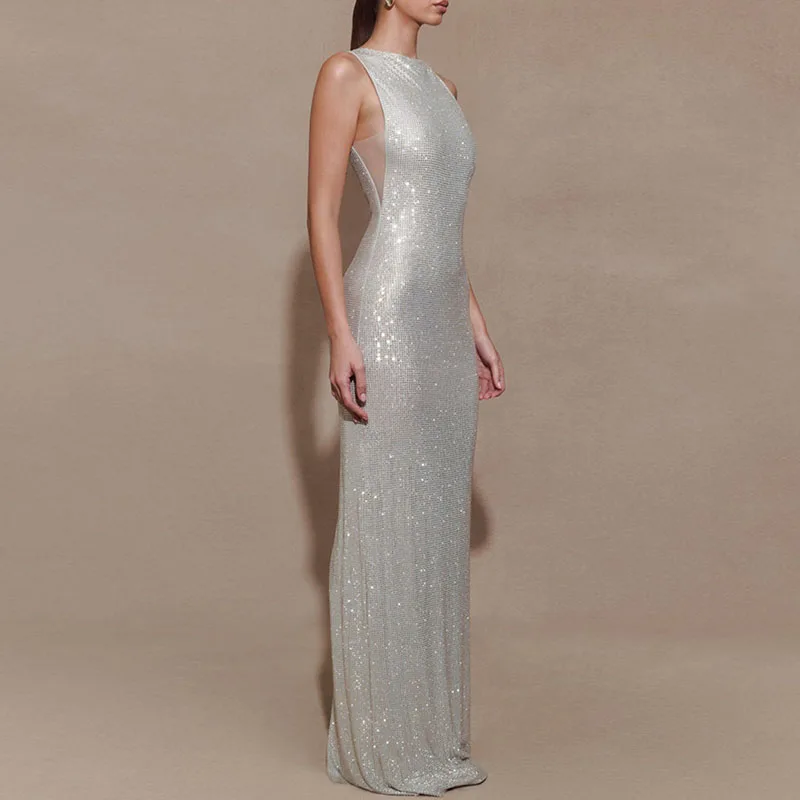 Batas para mujer, vestido de fiesta Sexy con lentejuelas brillantes, nuevo vestido largo elegante con cuello redondo y abertura hueca, vestido Maxi bohemio sin mangas para primavera y verano