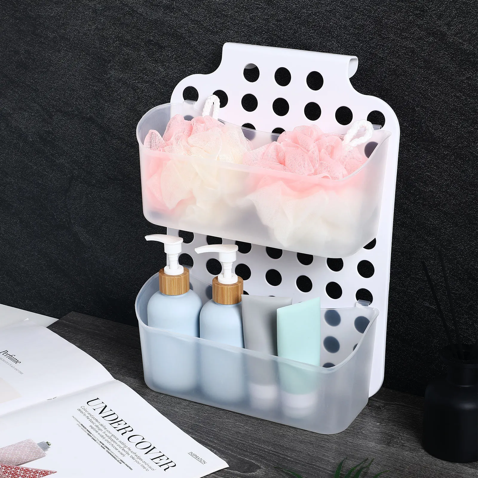 

Stackable Two Layer Storage Basket Nail Free Mounting for Bathroom Shower Rack Kitchen Wall Mounted Organizer Shelf