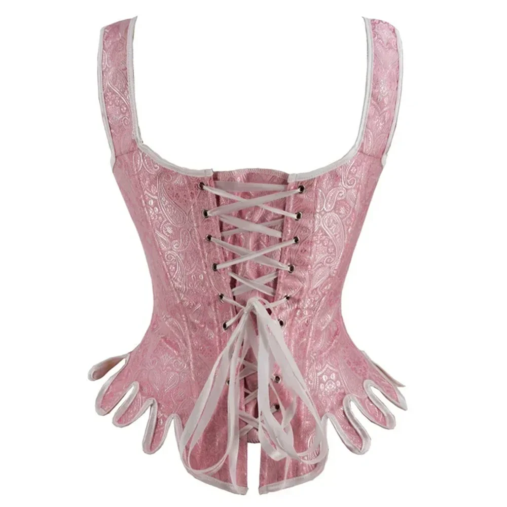 Pink Brocades Gothic Corset with Should Strap Women Medieval Renaissance Overbust Bustier