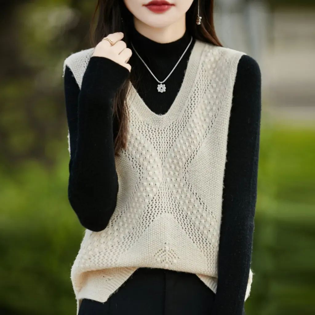 

Осенний женский вязаный пуловер, жилет с v-образным вырезом, жаккардовый бархат, свободный крой, модный топ для женщин
