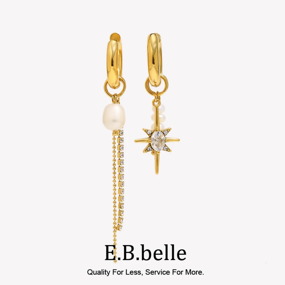 E.B.belle Asymmetric Freshwater Pearl Zircon Octagonal Star Chain Earrings 18K Gold Plated 316L Stainless Steel Decoration