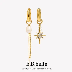E.B.belle Asymmetric Freshwater Pearl Zircon Octagonal Star Chain Earrings 18K Gold Plated 316L Stainless Steel Decoration