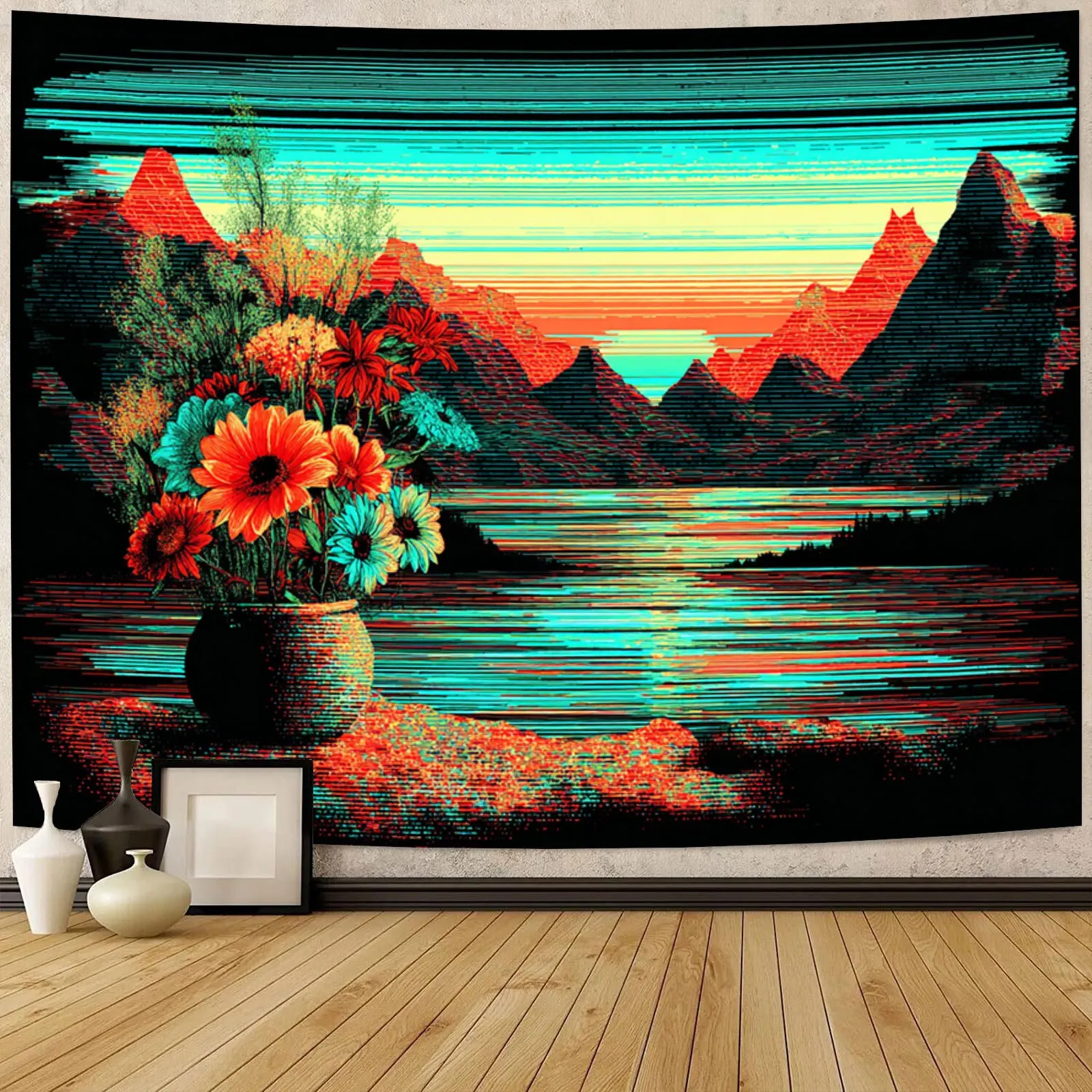 A Fluorescent Tapestry Featuring a Vase of Fresh Flowers Reflecting Mountains And Water, with a Vintage Illusion Design. Made fr