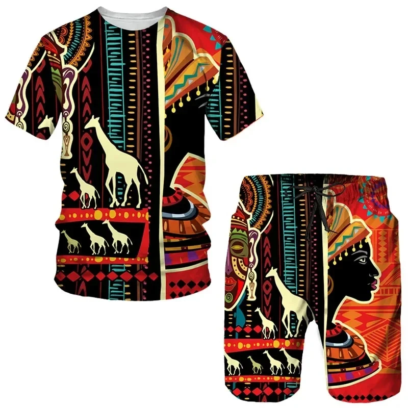 Men Women Sports Suit 3D African Print T-Shirt Shorts Short Sleeve Ethnic Style Fashion Hip Hop Streetwear Summer 2024