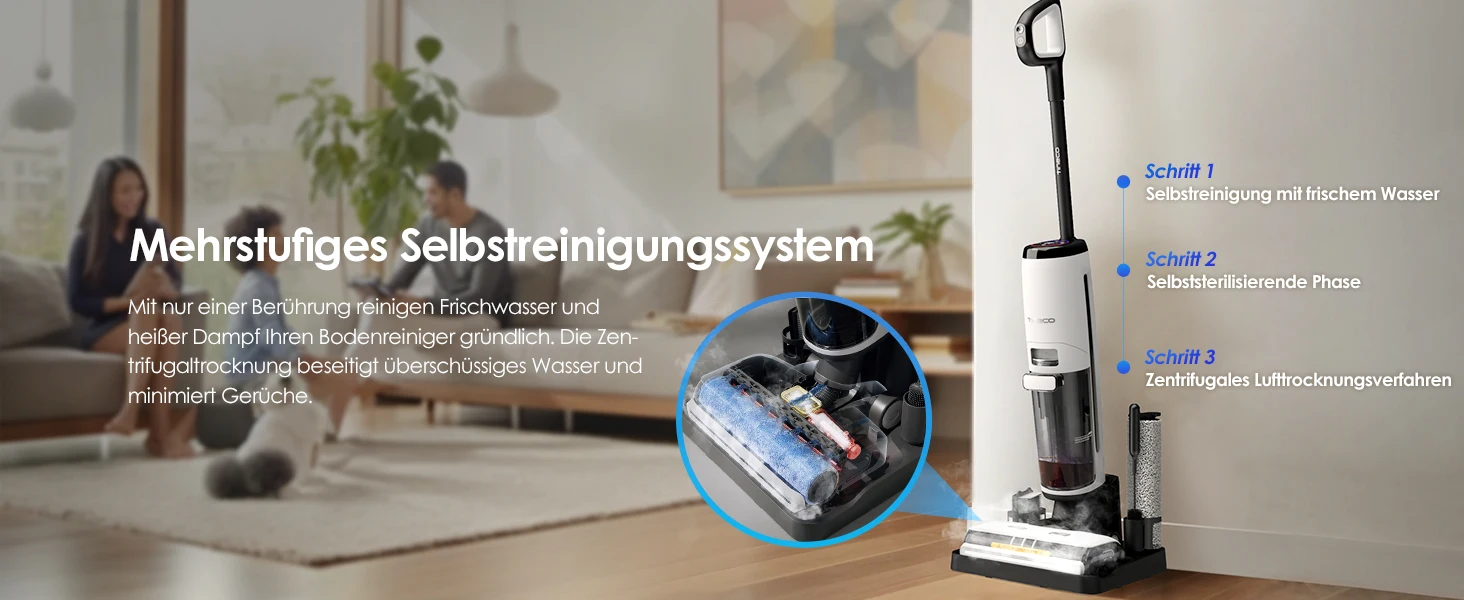Tineco Floor One S7 Steam Kabelloser Dampfmopp-Bodenreiniger für hartnäckigen Schmutz auf Hartböden mit selbstreinigendem Sieb, Kantenreinigung, Selbstantrieb, ideal für Kinder/Haustiere – Detail 8