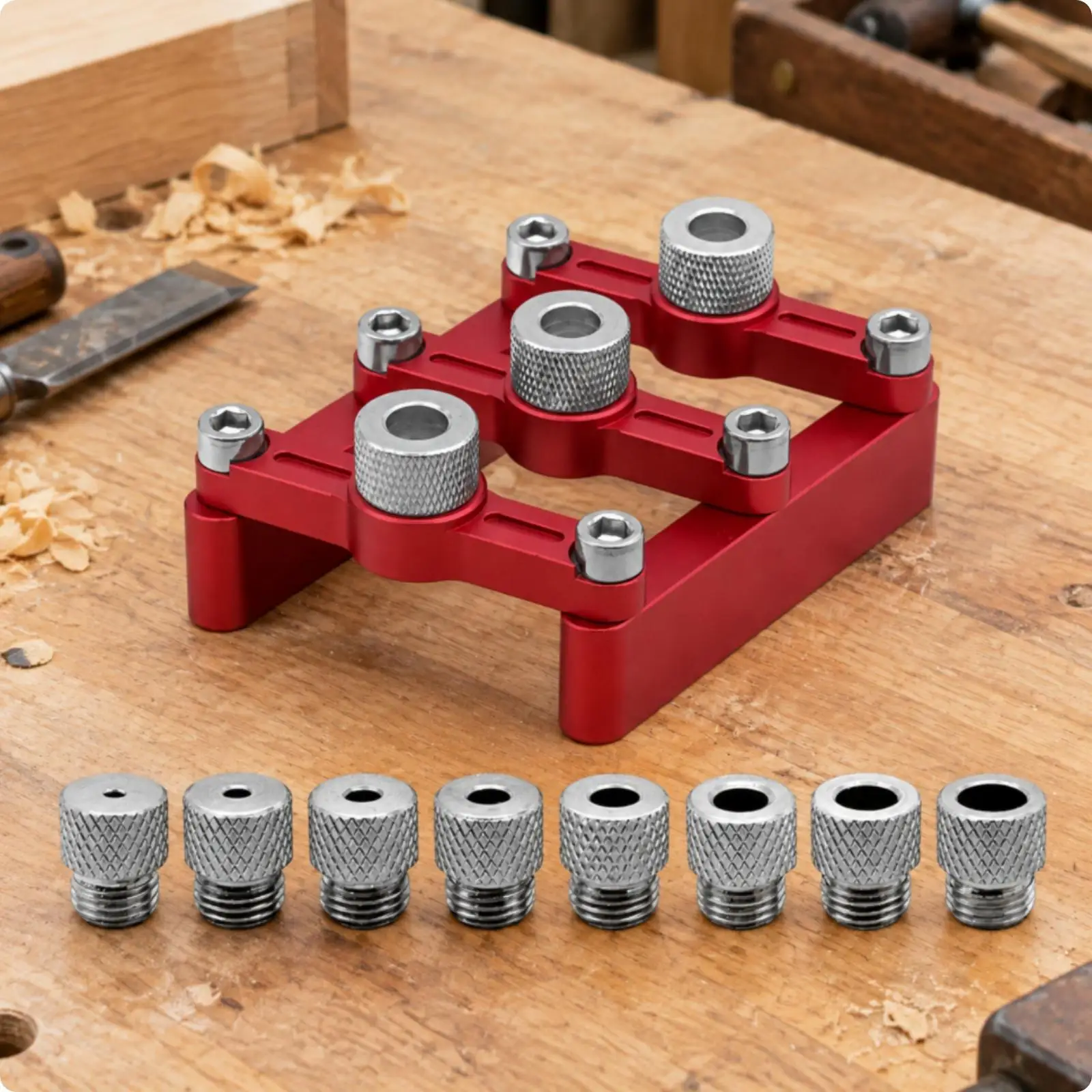 Adjustable Woodworking Hole Locator with Metal Frame and Knurled Sleeves for Accurate Dowel Joint Placement