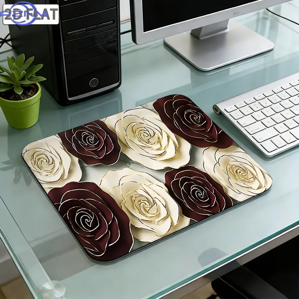 1pc Luxury Golden Trimmed Rose Edge Mouse Pad & Desk Mat - Non-Slip Cream White/Dark Brown Floral Suitable for Office, Gaming, P