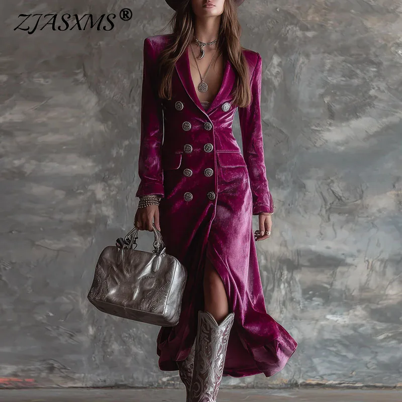 

Осень-зима двубортное бархатное платье-кардиган женское элегантное длинное платье с лацканами и разрезом винтажные офисные платья с длинными рукавами
