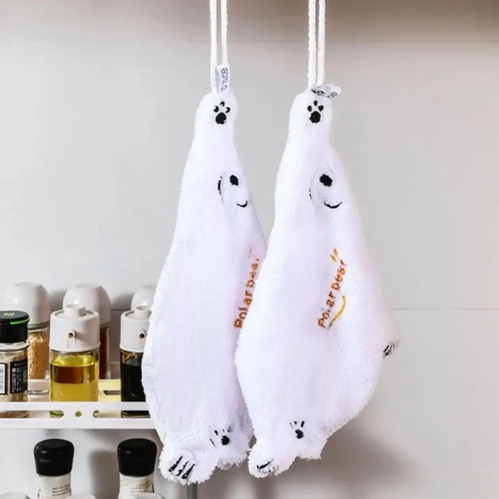 1Pcs Durable Cute Cartoon Shaped Hand Wipe Quick Dry Polar Bear Hanging Towel Hangable Wipe Kitchen Household Coral Velvet Towel