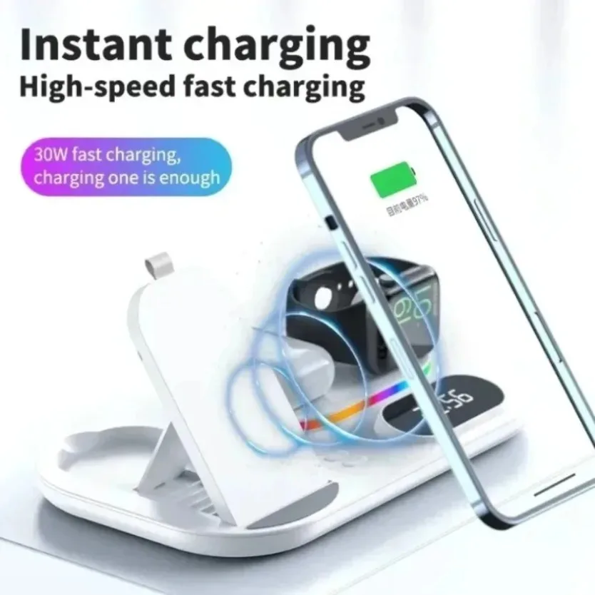 Multi‑Function 4‑in‑1 15W Fast Wireless Charger Dual Coil Charging Stand RGB Lamp Alarm Clock for Watch Earbuds Smartphone